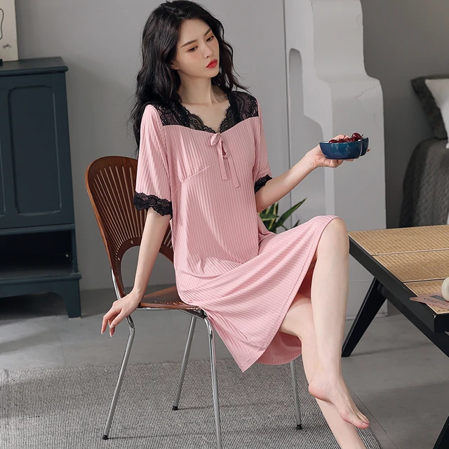 Women Solid Modal Nightdress With Chest Pad Comfort Short Sleeve