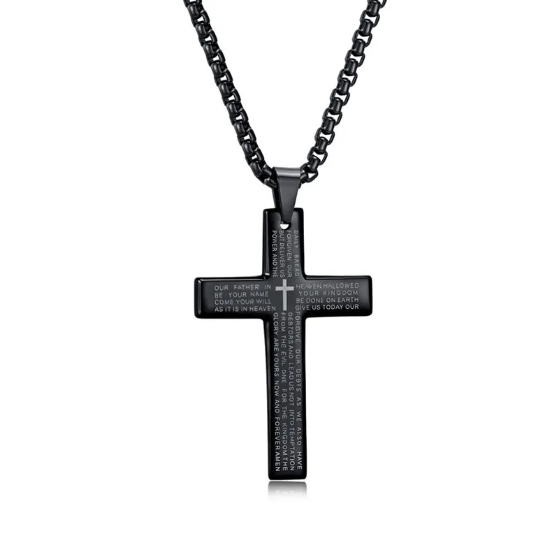 Stainless Steel Lords Prayer & Christian Cross Etched Pendant Necklace for Men Women
