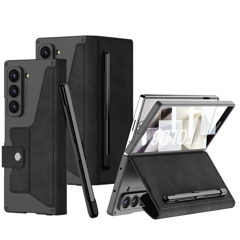 

Luxury PU Leather Hard PC Shockproof Phone Cover For Samsung Galaxy Z Fold 6 Case with Screen Protector Touch Pen