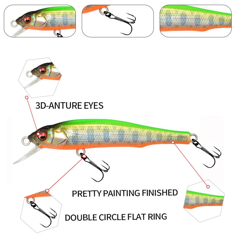 Slow Sinking Minnow Fishing Lures 70mm 5g Wobblers Freshwater Pike