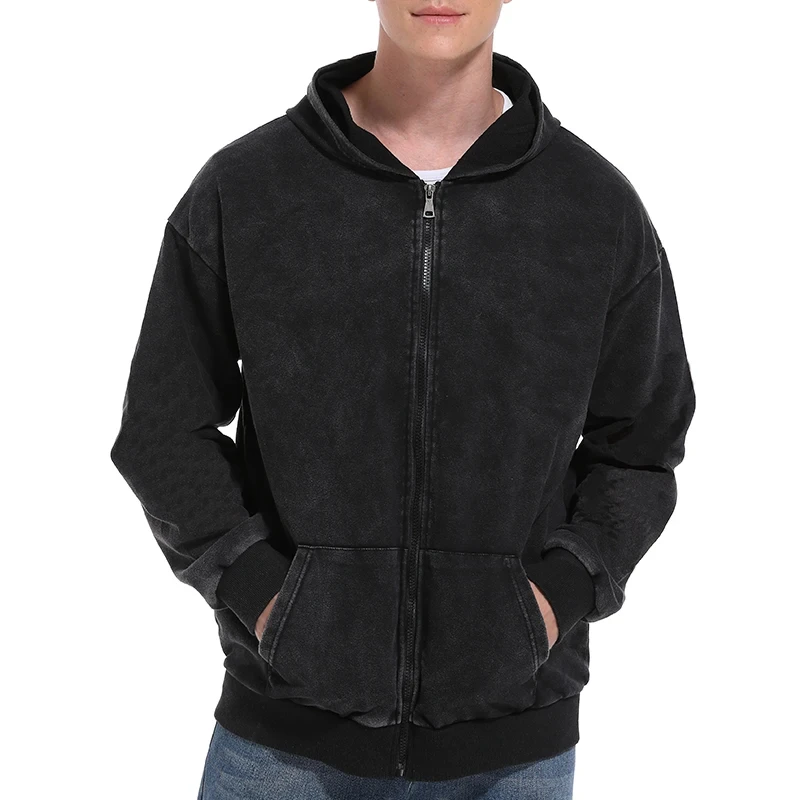 Vintage Black Zip Up Hoodies for Men Women Acid Washed