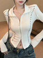 Rivet Design Fibone Line Stand Collar Open Cardigan ort Women's Jaet Autumn Pure Desire Double Zipper Slim Fit Top