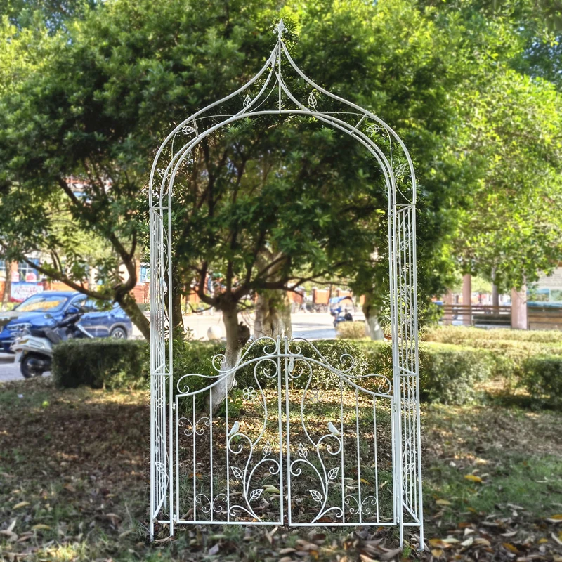 Sturdy metal garden arch gazebo with decorative iron gate-perfect for climbing plants in lawns, backyards and gardens
