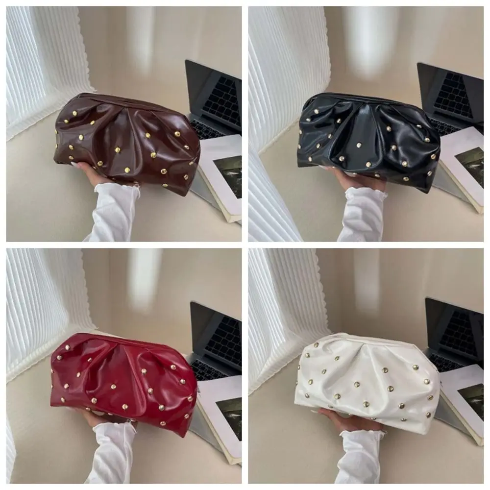 Versatile PU Rivet Clutch Bag Retro Large Capacity Lady Hand-held Purse Solid Color Polyester Pleated Leather Handbag Women - 6