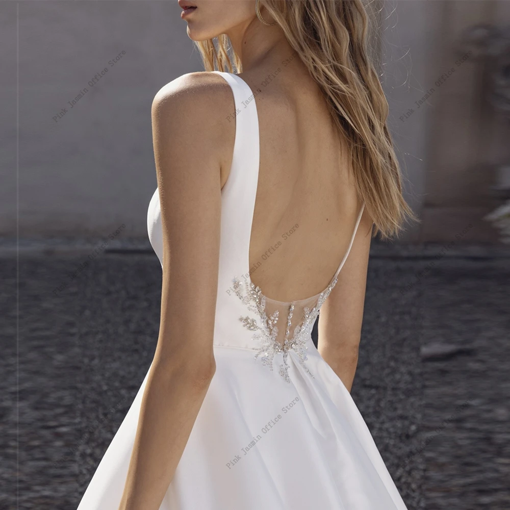 Classic Square Neck Wide Straps Wedding Dresses Sleeveless Open Back Beading Pearls Satin A Line Floor Length Vestidos De Novia 3