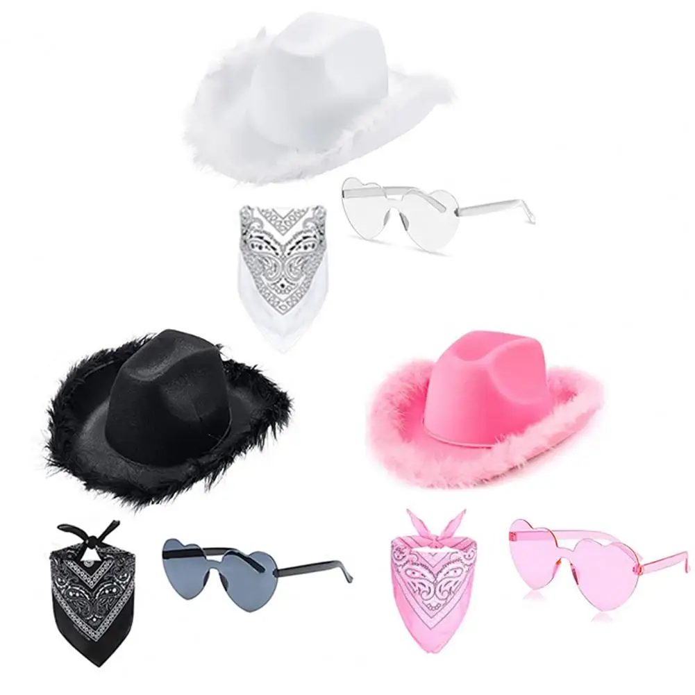 3Pcs/Set Cowgirl Hat Set Faux Feather Edge Wide Brimmed Hat Headscarf Glasses Set Cashew Nut Print Headscarf Heart Glasses