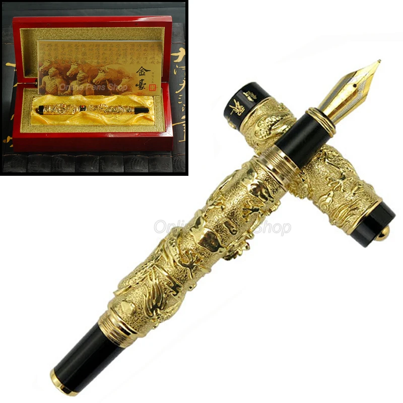 Jinhao Ancient Double Dragon Playing Pearl, Metal Carving Embossing Heavy Pen Gold & Black Writing Gift Set With Gift Box JF011