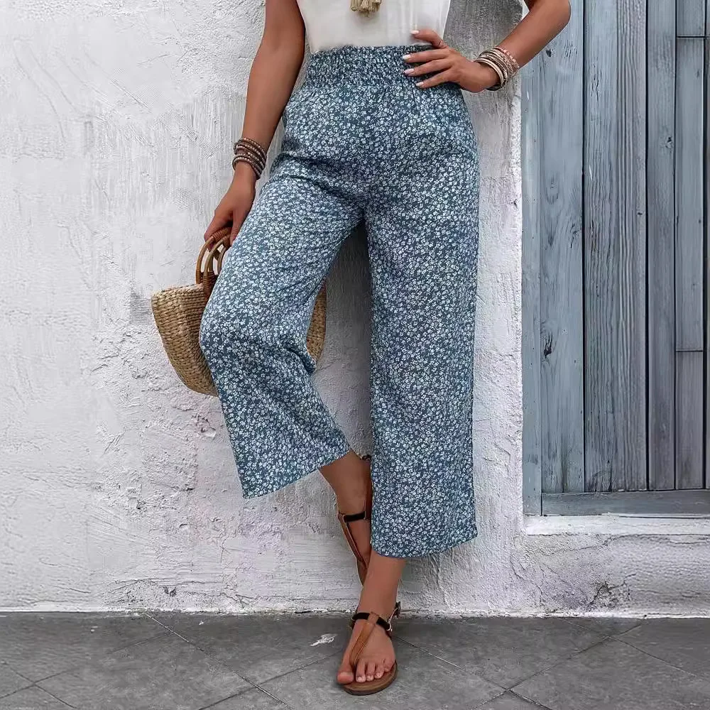 New Bohemian Loose Print Waist Cut Trousers Floral Casual Trousers for Women