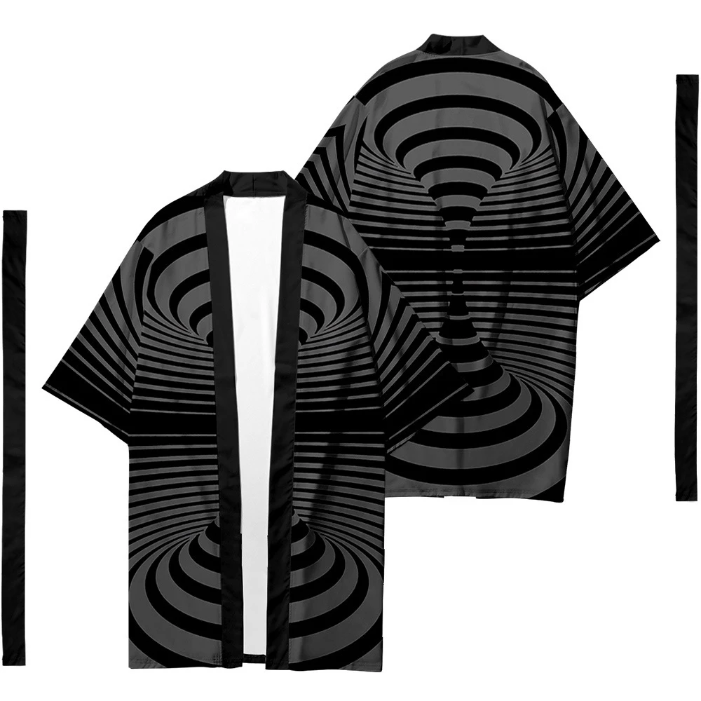 

Men's Japanese Long Kimono Cardigan Men's Samurai Costume Kimono Optical Illusion Pattern Kimono Shirt Yukata Jacket 3