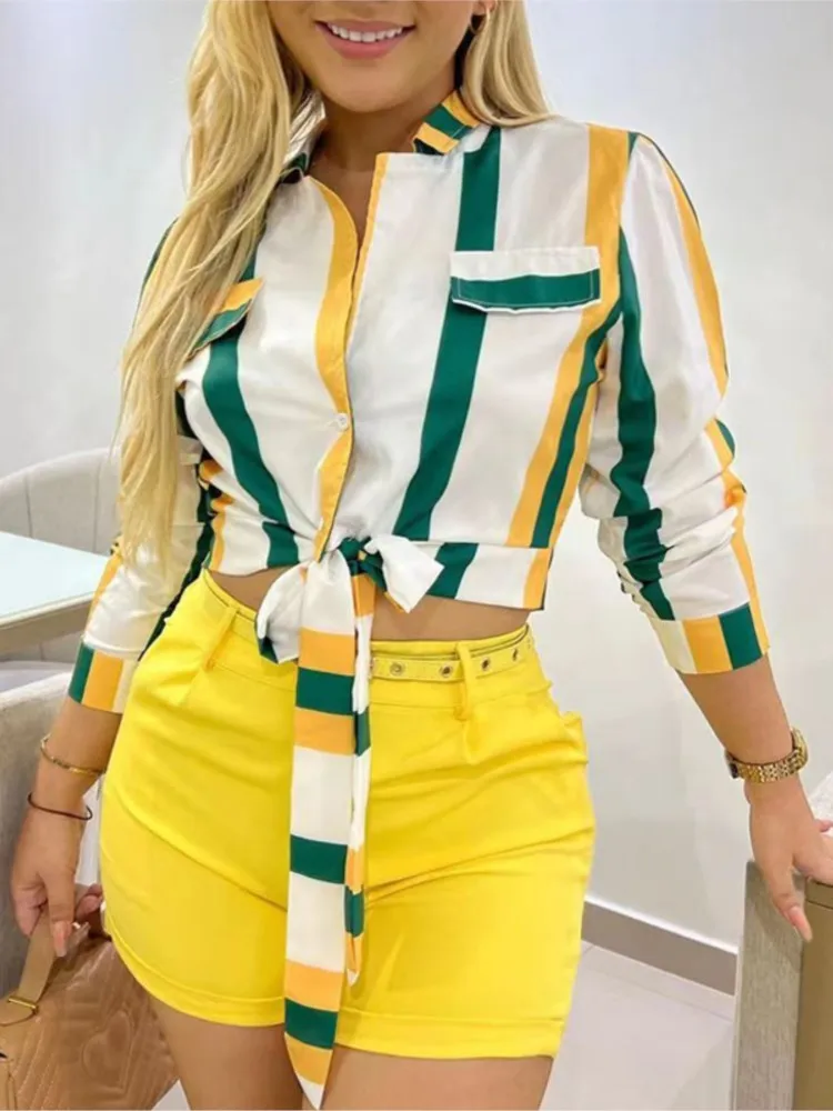 

Женский Повседневный комплект из двух предметов, элегантный комплект из рубашки и однотонных шортов в полоску со шнуровкой и поясом, Новинка лета 2023