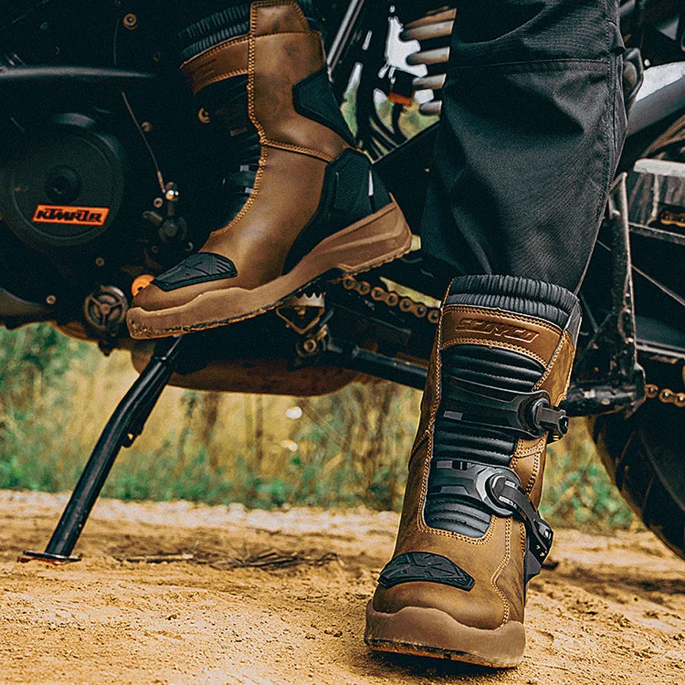 SCOYCO Retro Motorcycle Boots Cowhide Waterproof Mid-Calf Long Boots Riding Motocross Bota Motorbike Botas Motocross Shoes motorcycle shoes motorcycle rain boots motorcycle boots