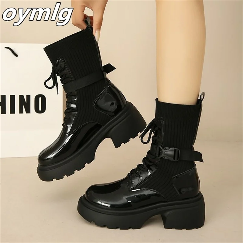 

Lace up Women's Boots 2023 Autumn/Winter New Thick Sole Thick Heel Medium Slender Boots Knitted Short Boots Casual Shoes