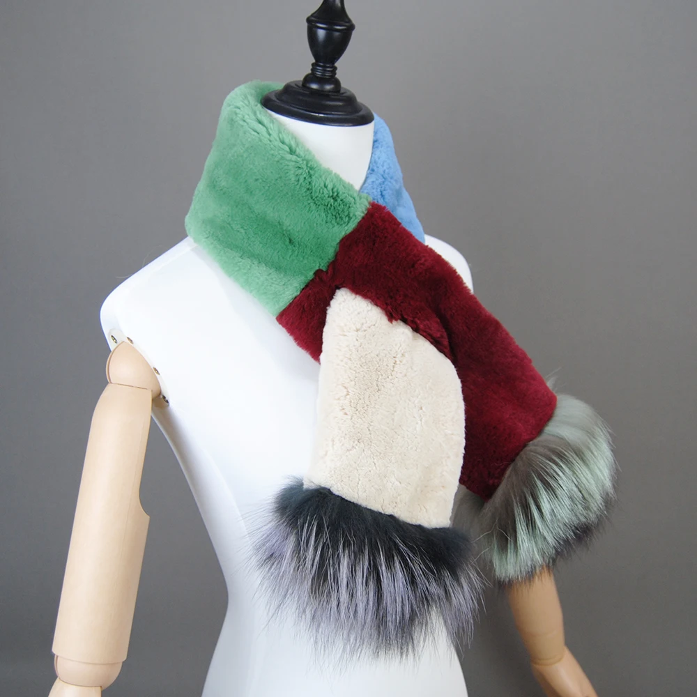 Winter Women Genuine Knitted Fox Fur Scarf Real Rex Rabbit Fur Collar Warm Neck Natural colorful Rex Rabbit Scarves