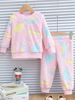 2pcs baby girl autumn and winter night light rainbow love cloud pattern plush thick long sleeved top and pants Chid Accessories 1