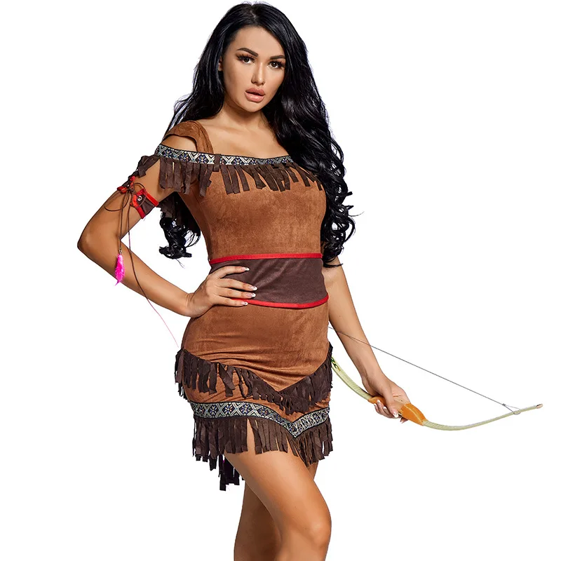 

Sexy Ladies Native Indian Princess Pocahontas Huntress Costumes Dress for Adult Halloween Party Cosplay