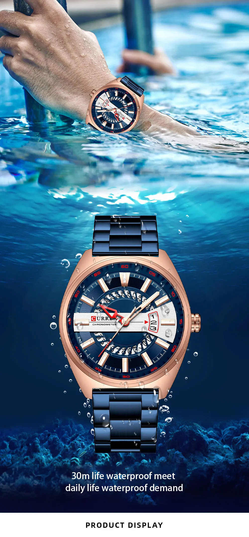 Relógio esportivo casual masculino de pulso azul de aço inoxidável com data automática de quartzo à prova d'água_voghion.com