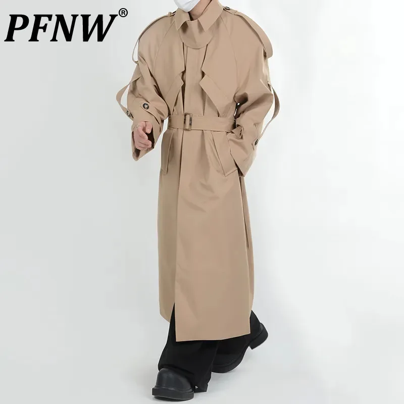 

PFNW Niche Design Men's Lace-up Decoration Long Coats High Street Patchwork Windbreaker Solid Color Tops 2023 Autumn New 28W1814