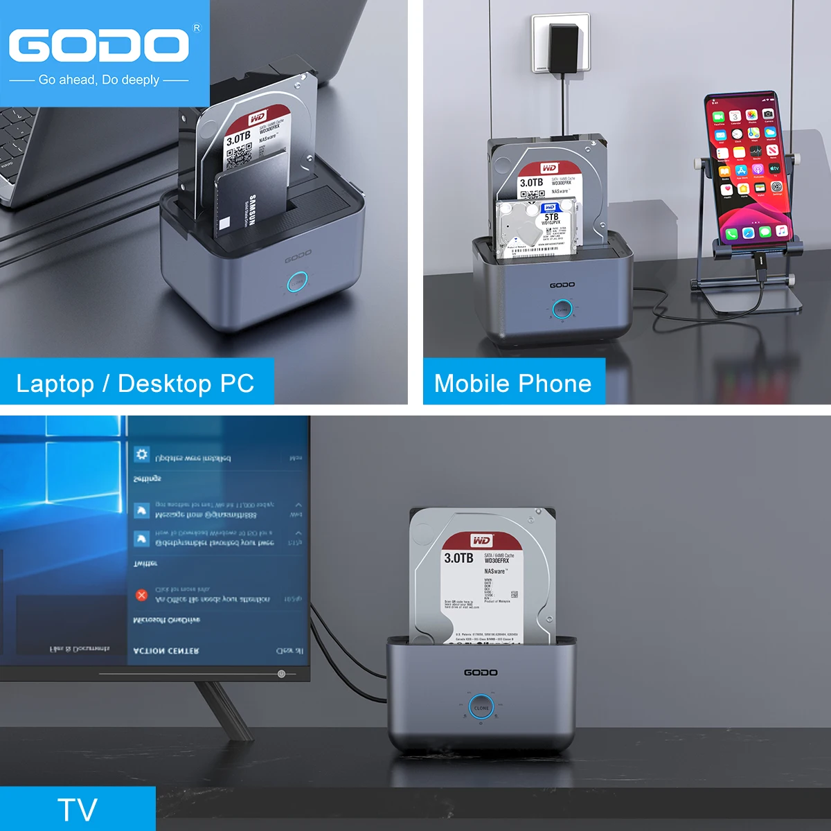 GODO Dual Bay Hard Drive Dock Hard Drive Docking Station to USB 3.0 Type C for SATA 2.5 / 3.5 inch HDDs/SSDs with LED Indicator