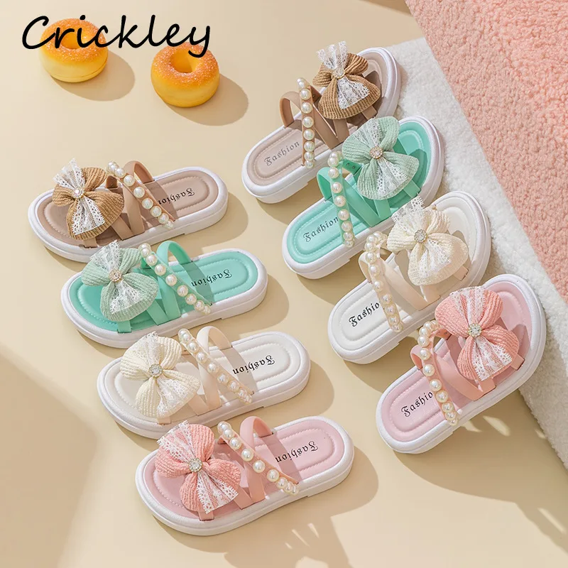

New Bow Pearl Girl's Summer Beach Shoes Fashion PVC Outdoor Slippers For Children Flat Anti Slip Kids Princess Slippers