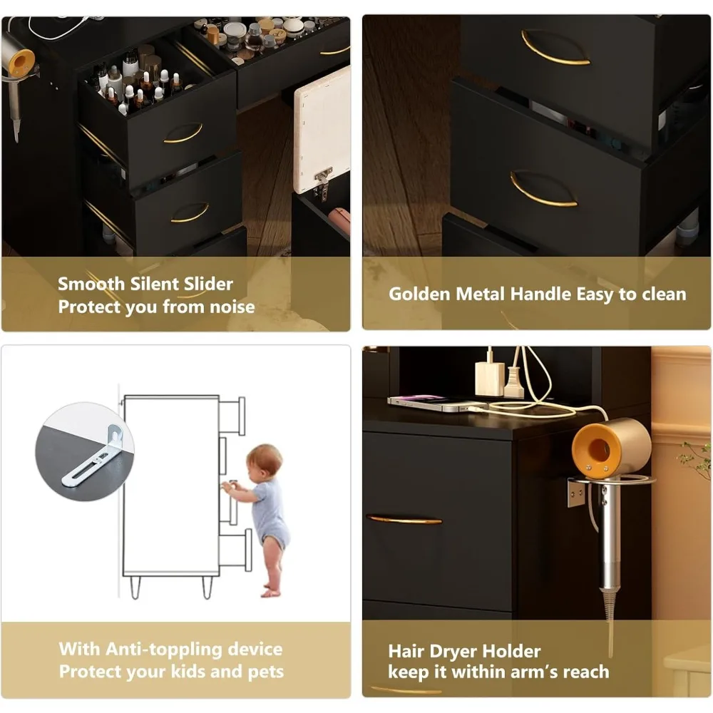 47" Large Vanity Desk with Mirror and Lights, LED Vanity Set with Stool and Power Outlet, Drawers and 3 Lighting Modes, Dresser