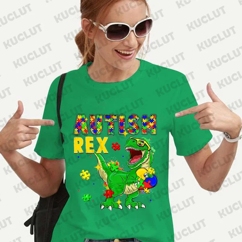 thumbnail image 1 of Camiseta de autismo Rex, camisetas del mes de concientización sobre el autismo, camisetas de dinosaurios, camisetas de manga corta rosa para mujer, camisetas unisex Y2k, ropa para mujer, 1 of 5