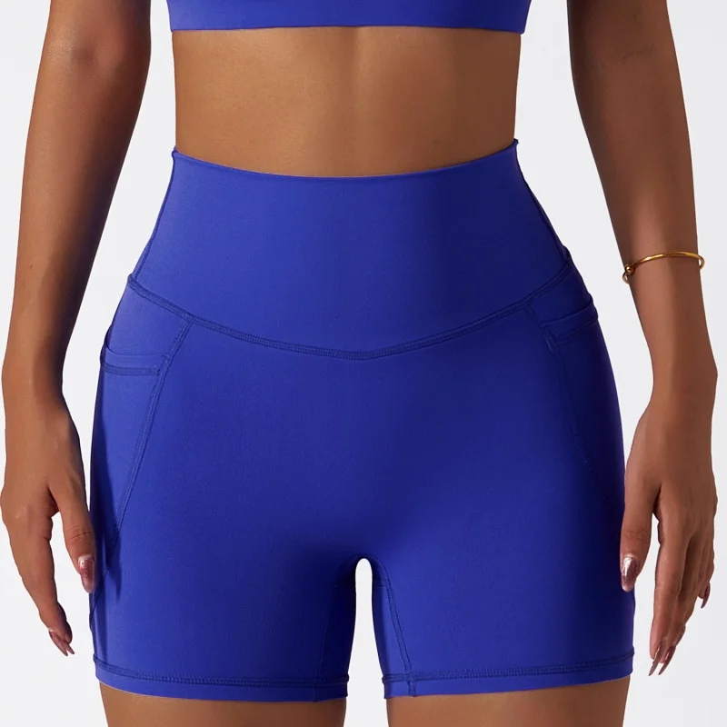 Summer Ice Silk Nude Sports Shorts Quick-Drying Tight Yoga Pants Pocket Breathable Cycling Running Fitness Shorts