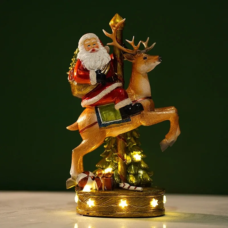 

Santa Claus Music Box Resin Figurines Santa Claus Riding Reindeer Christmas Lightening Statue Xmas Decoration Navidad Gift