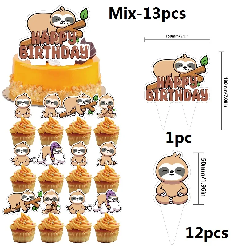 Cartoon tree sloth cake toppers animal theme cake decoration brown sloth happy birthday insert