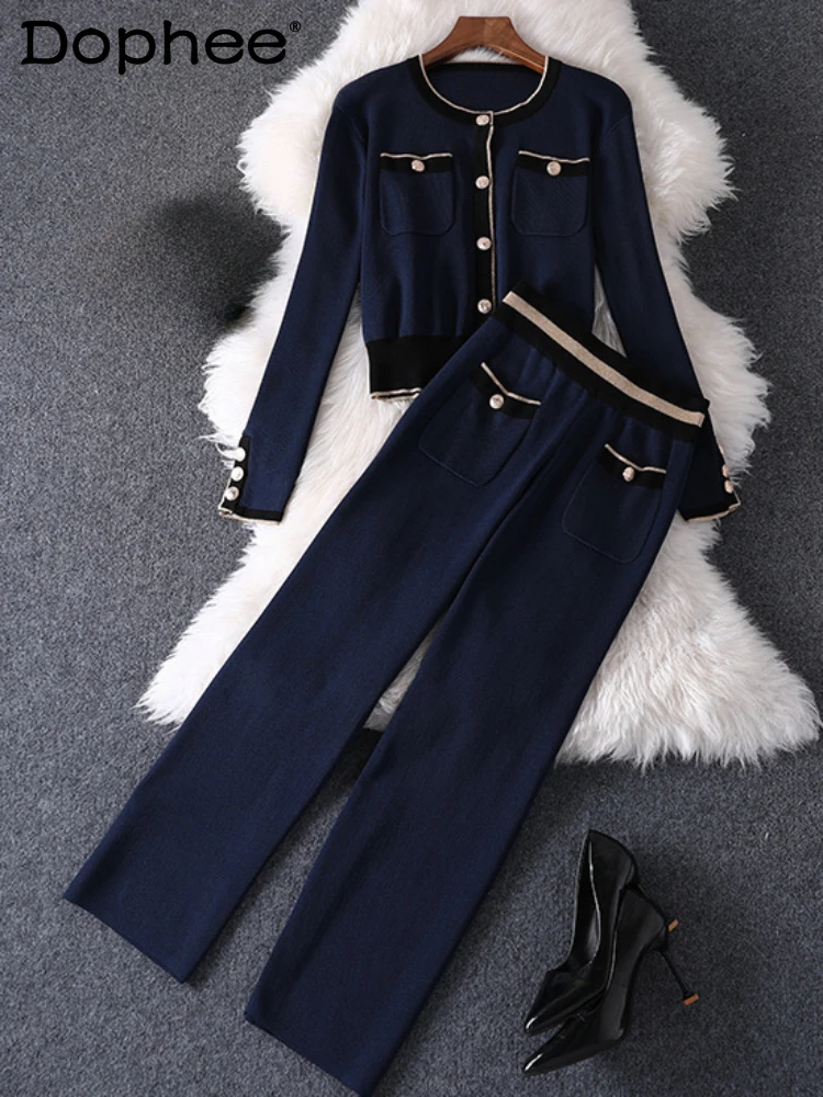 Knitting Suit Female 2023 Fall Winter Fashion Temperament Round Neck Long Sleeve Sweater Wide-Leg Pants Two-Piece Sets Women 