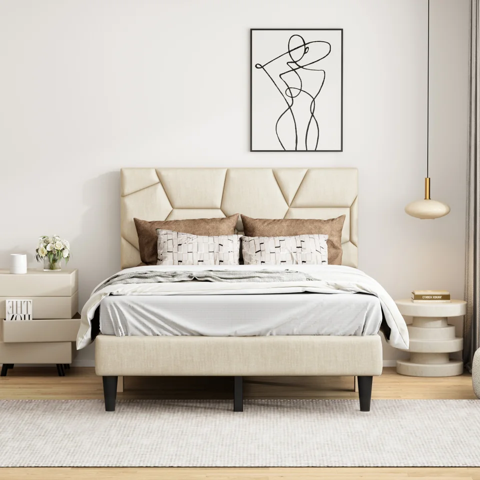 Sturdy Queen Bed Frame with Linen Headboard Storage