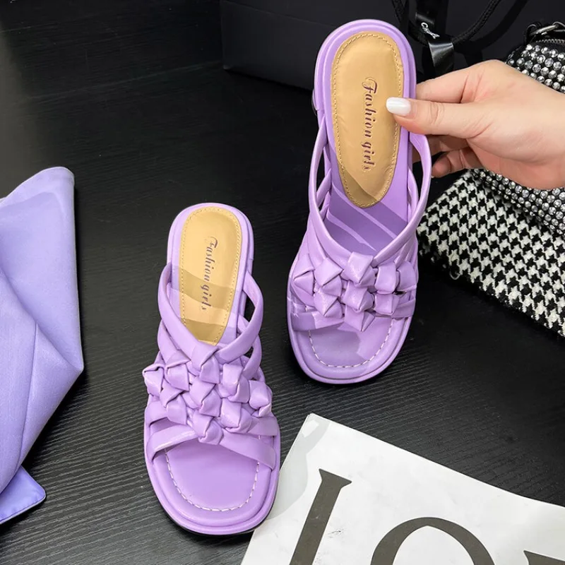

2024 New Knitted 6cm Round Heel Outdoors Slippers Round Toe Hollow Leisure Peep Toe Skirt Shoes 34-39 Purple/candy Color Sandals