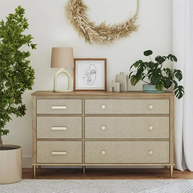 

Wide Convertible 6 Drawer Dresser, Natural and Rattan