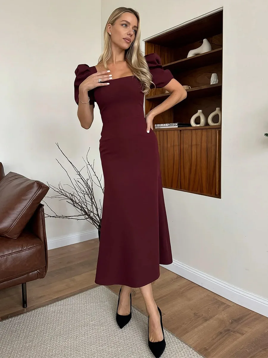 Bornladies Women's 2026 Summer New Square Neck Short Sleeve Dress Elegant Fitted Slim Puff Sleeve Midi Dress
