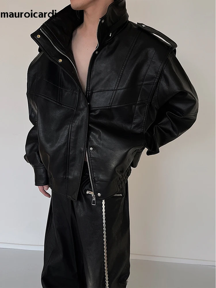 Mauroicardi Autumn Winter Oversized Cool Waterproof Windproof Black Pu Leather Jacket Men Zip Up Luxury Designer Clothes leather jackets,men winter jacket