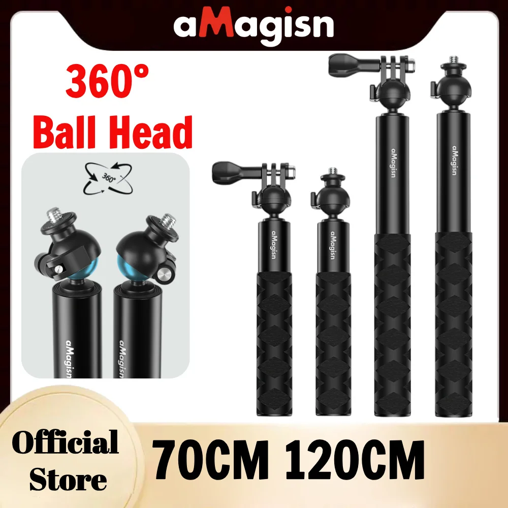 aMagisn Extendable Selfie Stick 70CM 120CM with 360&deg; Ball Head for Insta360 Ace Pro 2 X4 X3 Gopro Hero 13 12 DJI Action 5 pro selfie stick tripod selfie stick sports camera selfie stick cell phone selfie stick smartphone selfie stick