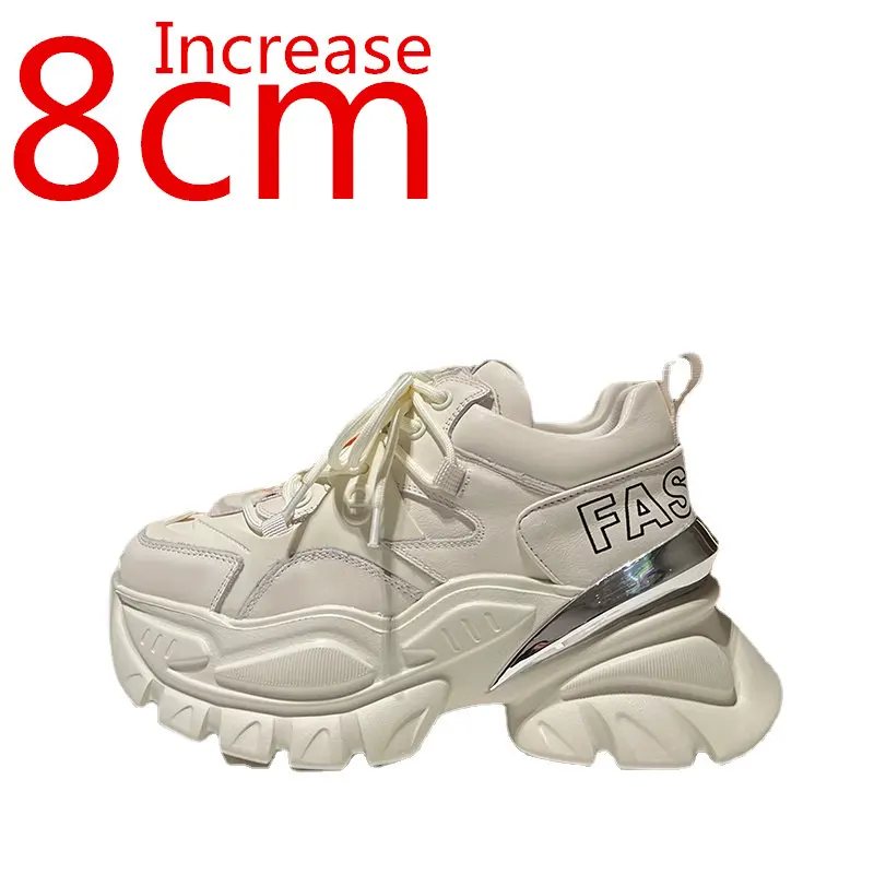 

European Fashion Style Sports Shoes Women's Heightening Thick Soled Purple Sponge Shoes Casual White Sneakers 8cm Increase Shoes