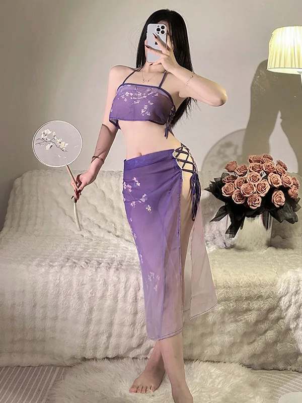 

Romantic lingerie role-playing Hanfu classical style perspective ancient style pure desire split style Purple Skirt sets WXE4