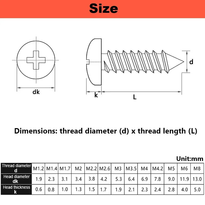 304 Stainless Steel Cross Groove Round Head Self-tapping Screws PA Pan Head Self-tapping Cross Wood Screws M1M1.2M1.4M1.7M2M3~M8