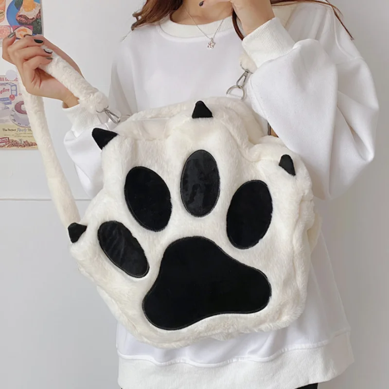 Fluffy Cat Paw Backpack for Girls 2024 New Personality Funny Plush Student Book Bag Fashion Cartoon Cute School Crossbody Bags