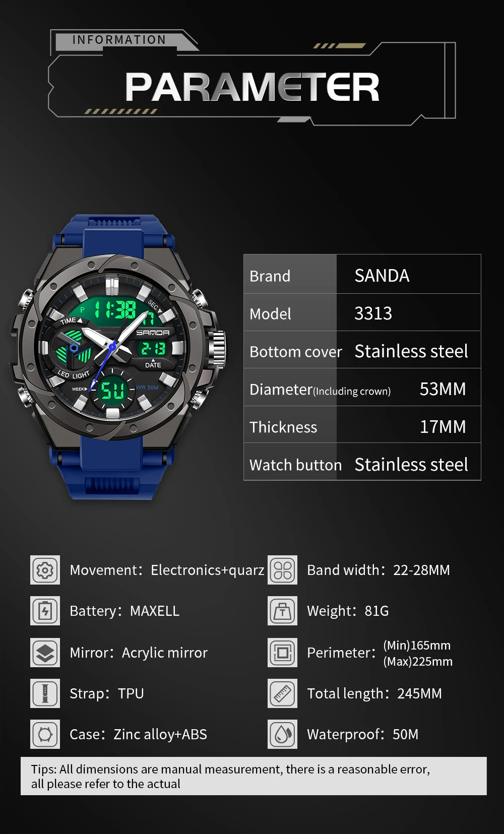 Men's Multifunctional Outdoor Waterproof Electronic Watch Digital Wristwatches SANDA 3313 Student Fashion Trend Military Style