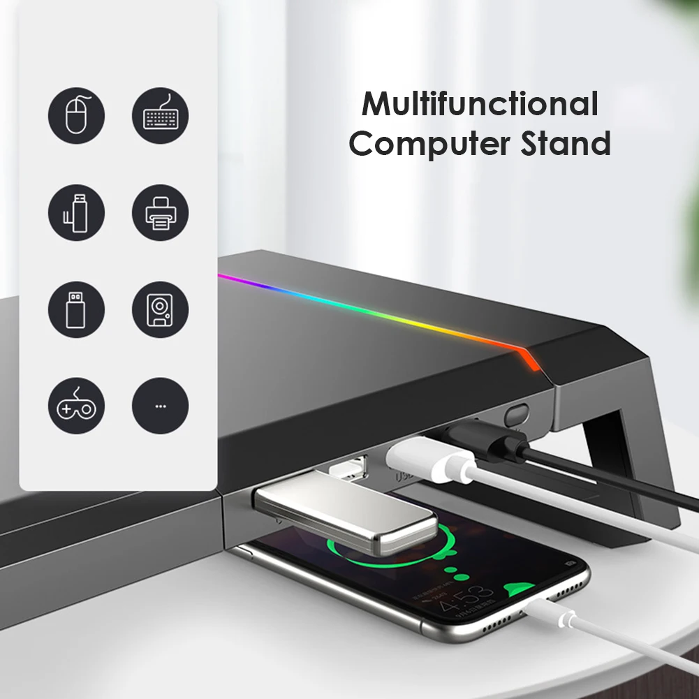 Suporte para Monitor Portátil Riser Suporte Rgb com Usb Suporte para Celular Gaveta Caixa de Armazenamento Suporte de Alarme para pc t1
