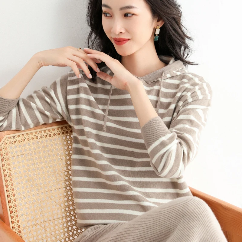 

Autumn and Winter New Striped Hoodie Women's Loose Hooded Sweater Wool Sweater Pullover Sweater Wear Korean Casual Top