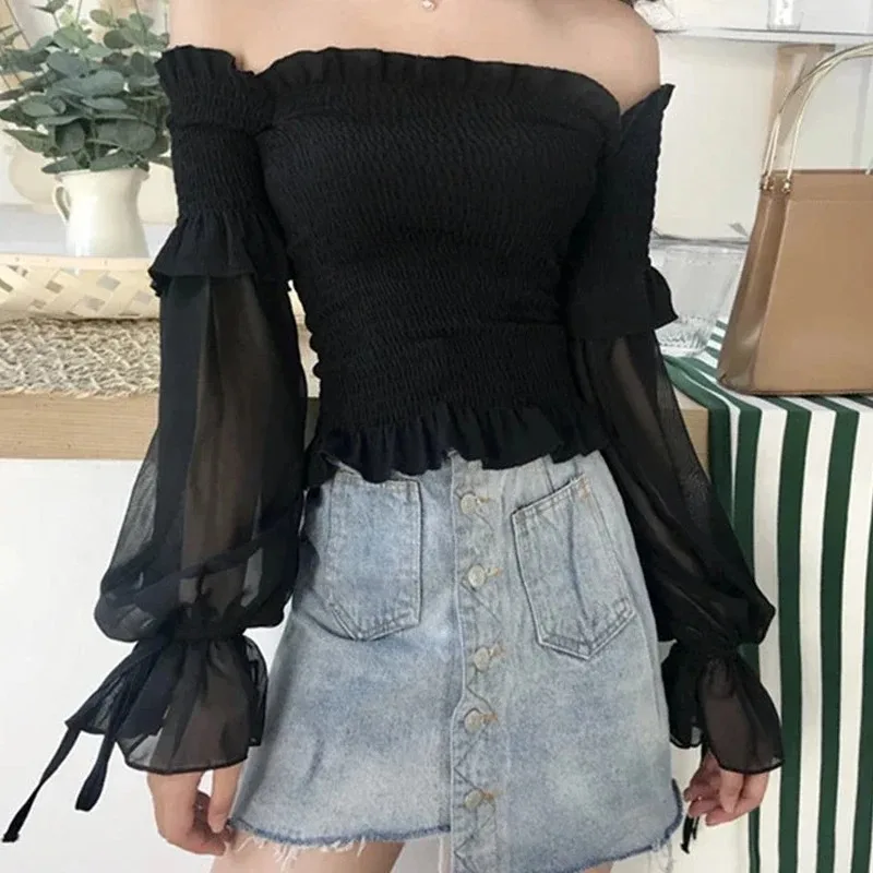 New Spring and Autumn Fashion Women's One-Word Shoulder Long Sleeve Solid Color Shirt Sexy Elastic Band Flared Casual Top 12813
