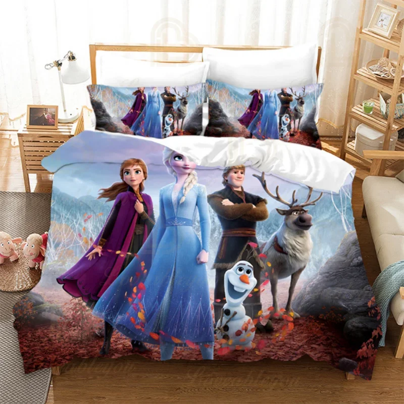 Dis 카툰 스노우 엘사 프린트 3 피스 침구 세트, 패셔너블한 어린이 또는 성인 침대 이불 커버, 베갯잇 