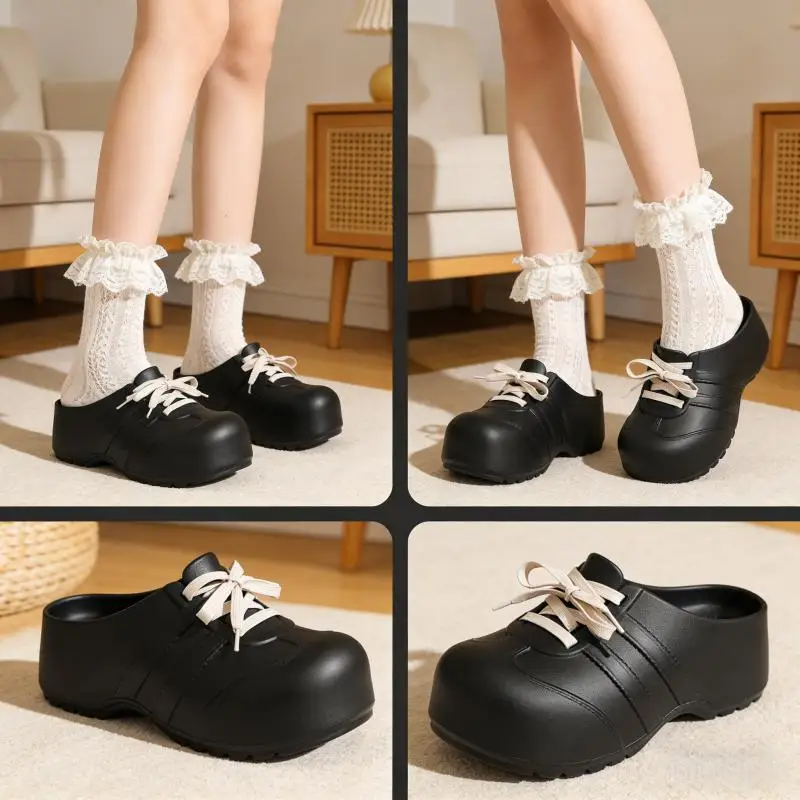 Soft Thick Bottom Lace Up Decoration Clogs Women Summer 2026 Light Weight EVA Mules Slippers Woman's Height Increase Sneakers