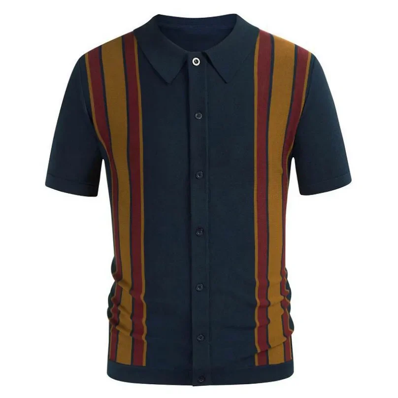 

Men's 2023 Summer New Vintage Casual Knit Stitching Striped Contrast Polo Shirt Lapel Short Sleeve