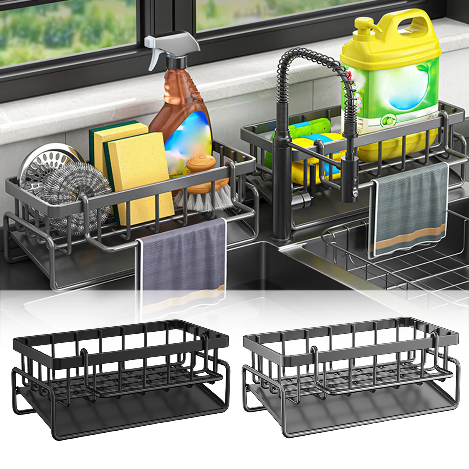 Slope Sink Drain Rack - Stainless Steel Sponge Holder With Drain Tray & Hanging Rod, Kitchen Sink Caddy Organizer (Gray)