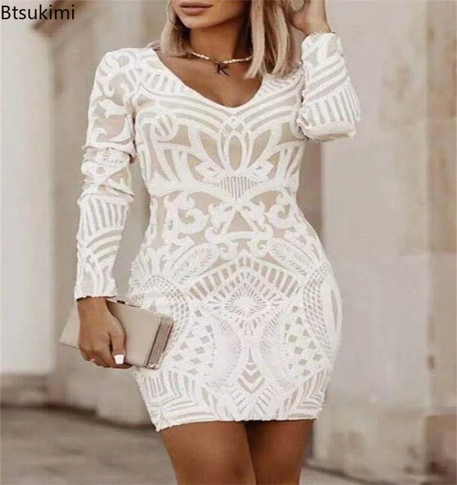 

2024 Women's Elegant White Dress Spring Summer Sexy Slim Long Sleeve Embroidered Dress Fashion Ladies Office Evening Dress Robe