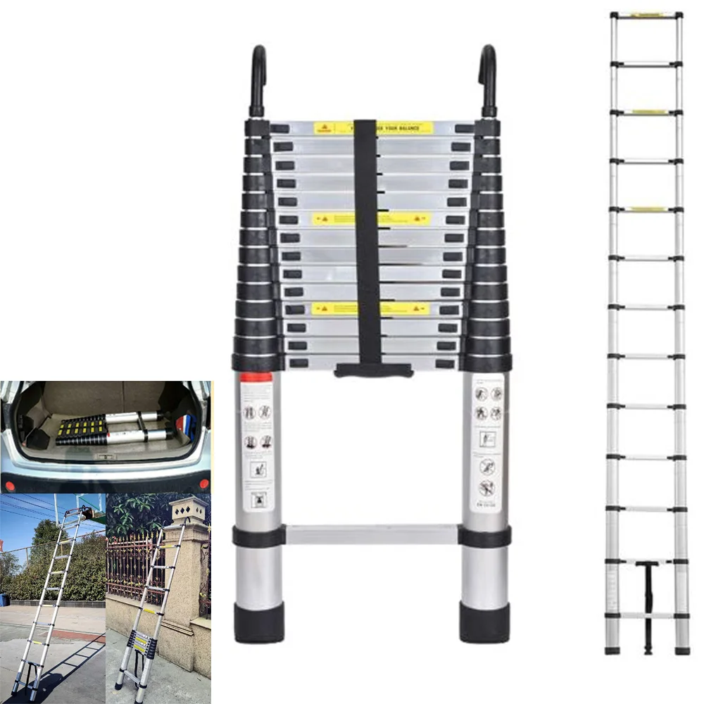 4.4M Extendable Alumimium Telescopic Ladder with Stable Hooks Lightweight Portable Loft Ladders Extension Ladder Max Load 150kg