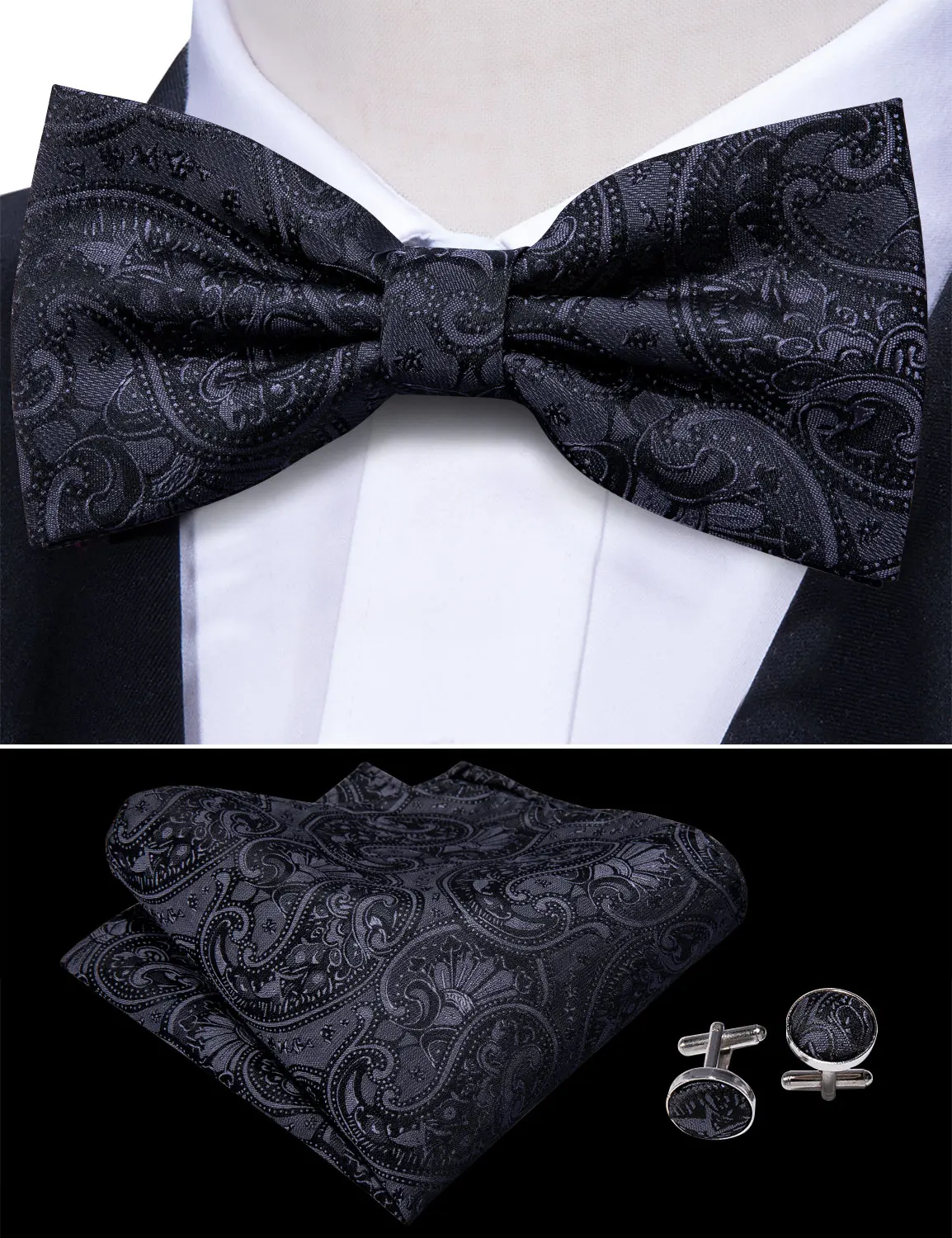 Esmoquin de Cachemira de seda para hombre, corbata de lazo, conjunto cuadrado de bolsillo, cinturón elástico ancho Formal negro para hombre, fiesta de boda, Tony. Wang